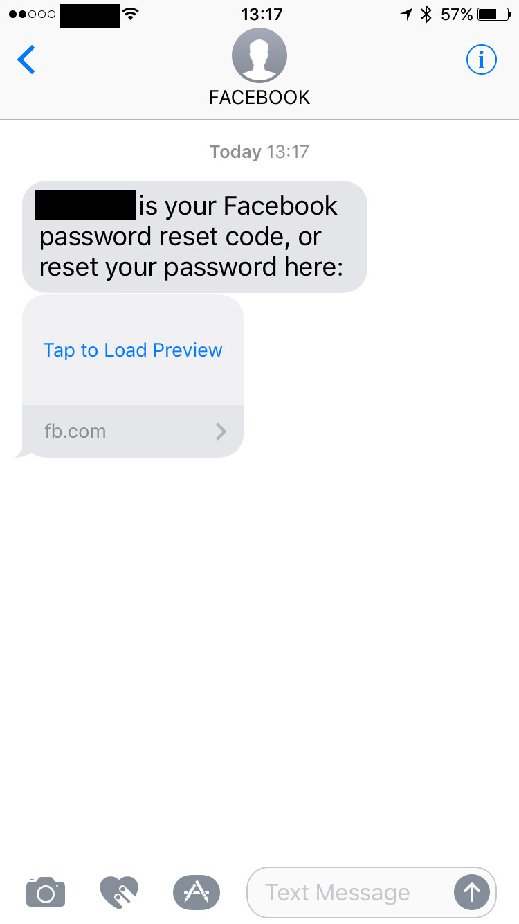 Facebook SMS With Reset Confirmation Code