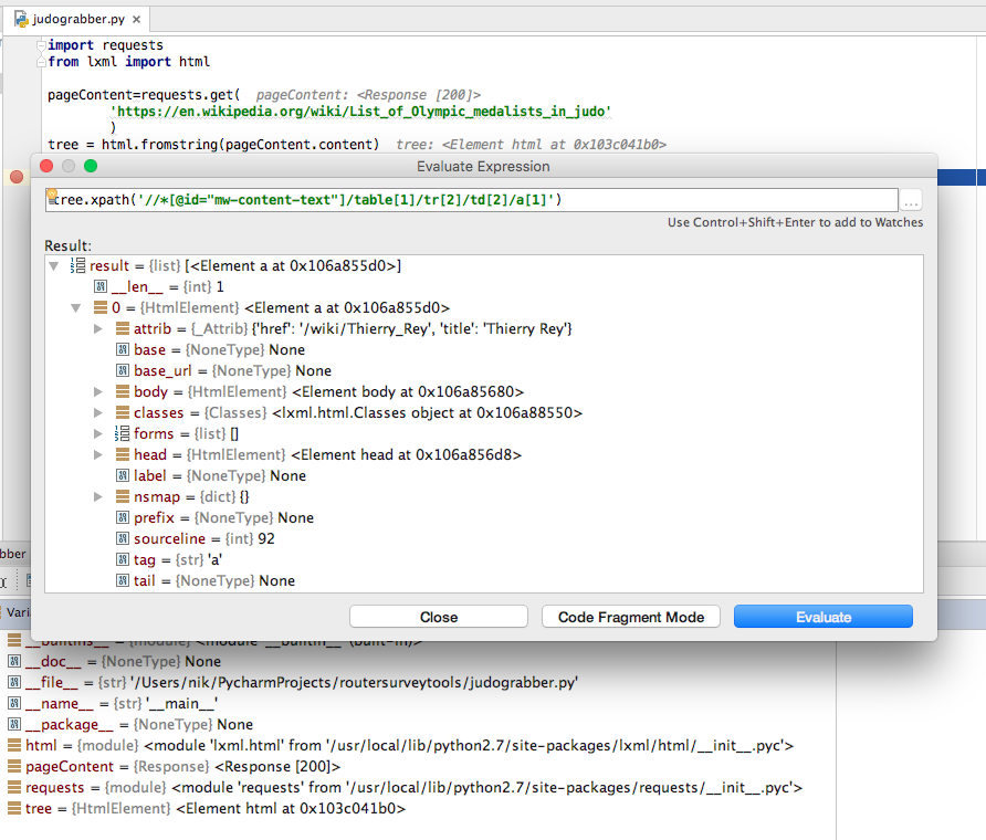 XPath testing using &rsquo;evaluate expression&rsquo; in PyCharm debug mode